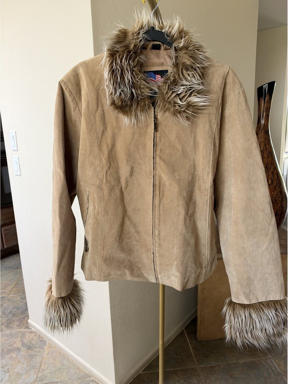 Vintage Leather USA Tan Suede Faux Fur Trim Penny Lane Jacket